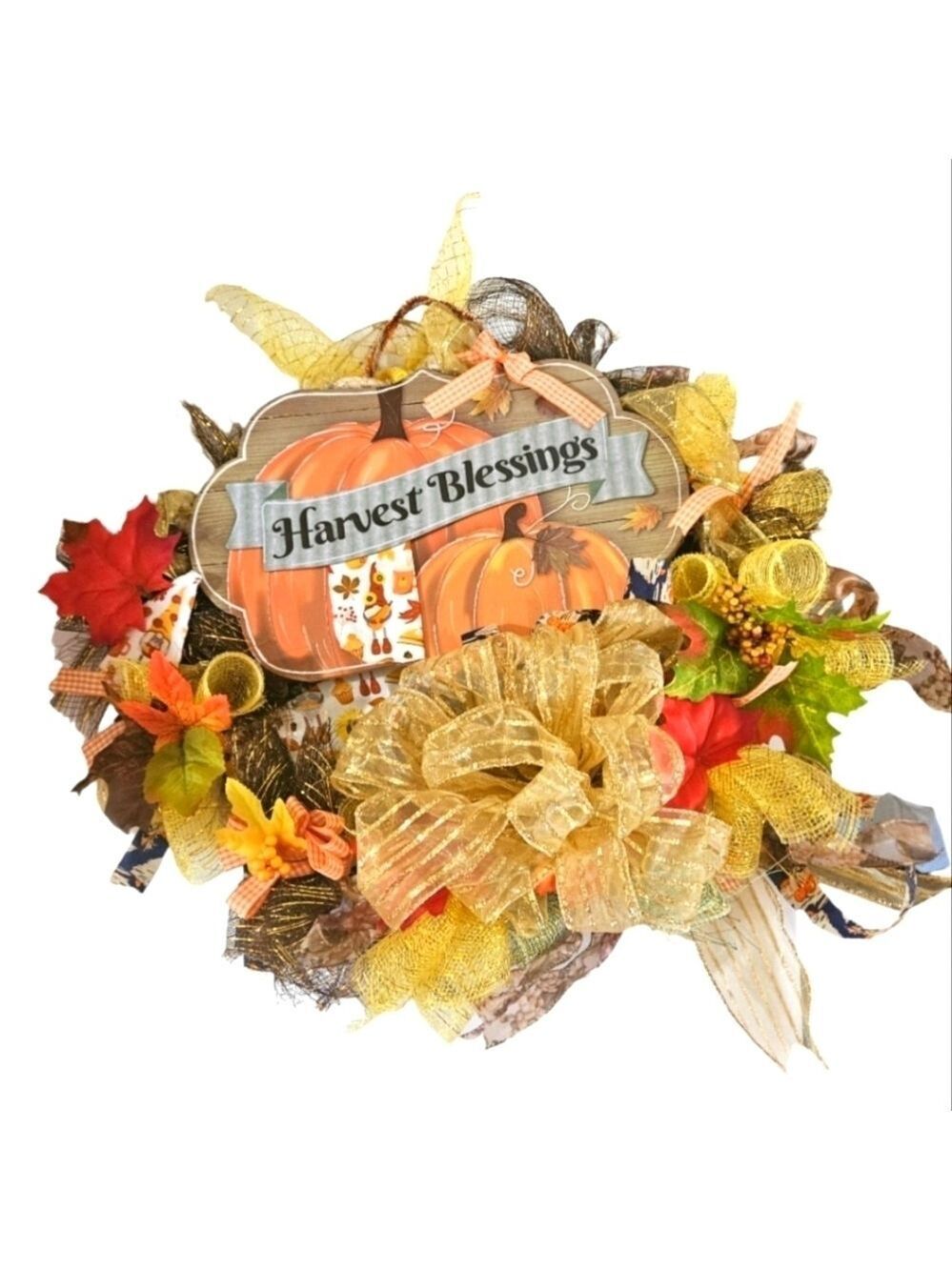 Hand Crafted handmade holiday wreath Harvest Blessings Gnome fabric plaid ribbon